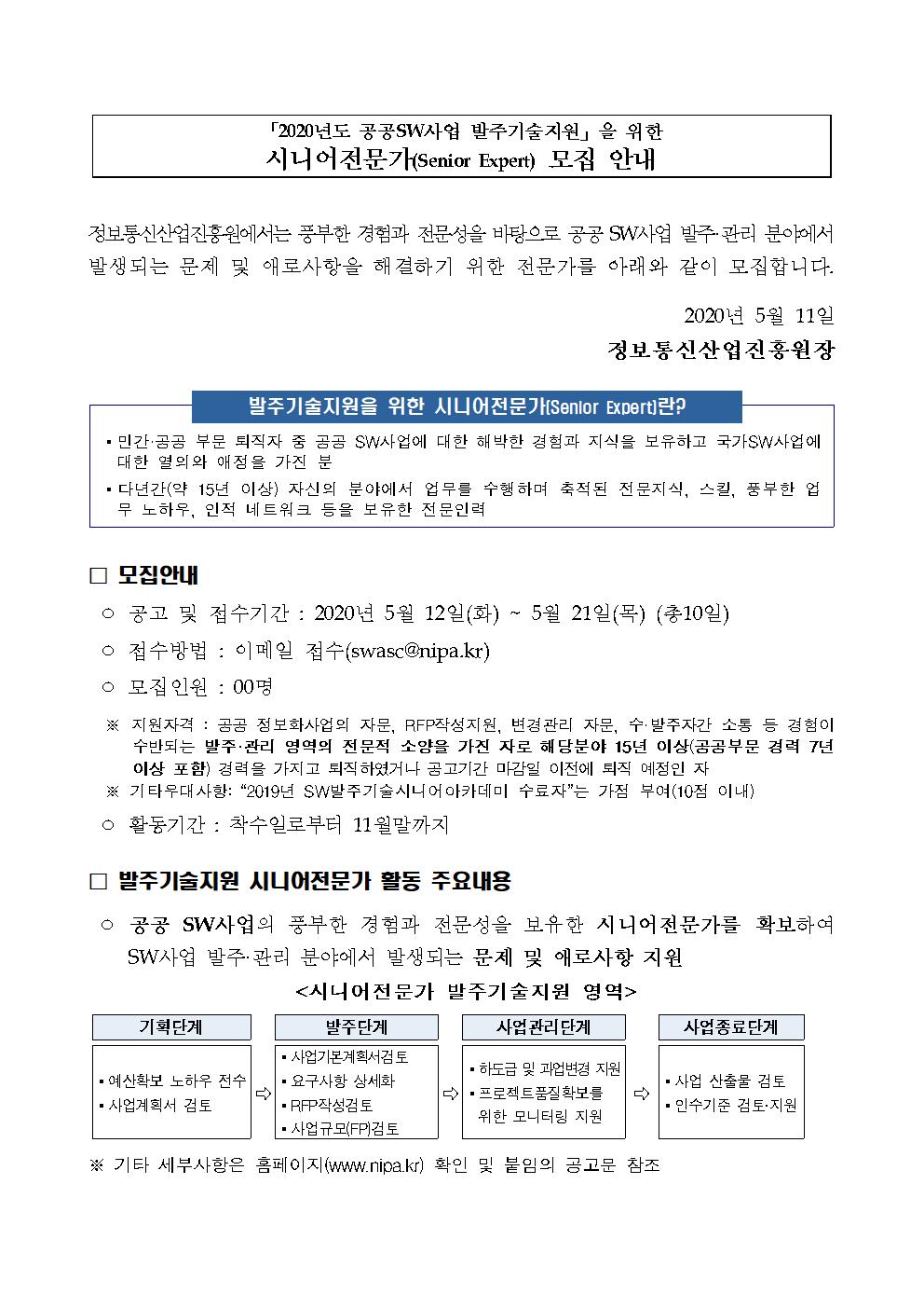 2020년도 공공SW사업 발주기술지원을 위한 시니어전문가 모집안내